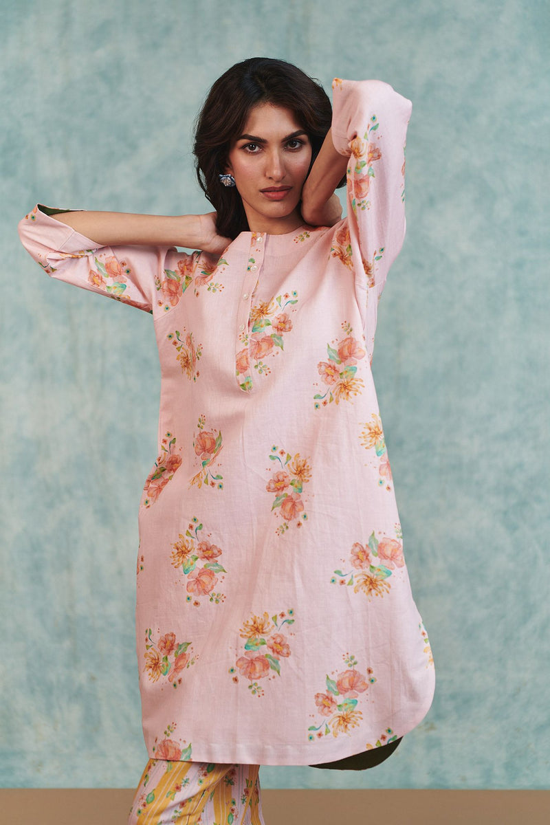Flora Co Linen Round Hem Kurta Set cotton linen light kurta set by Saphed in pink for women in Singapore
