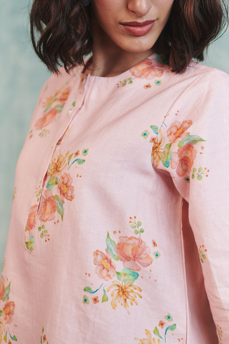 Flora Co Linen Round Hem Kurta Set cotton linen light kurta set by Saphed in pink for women in Singapore