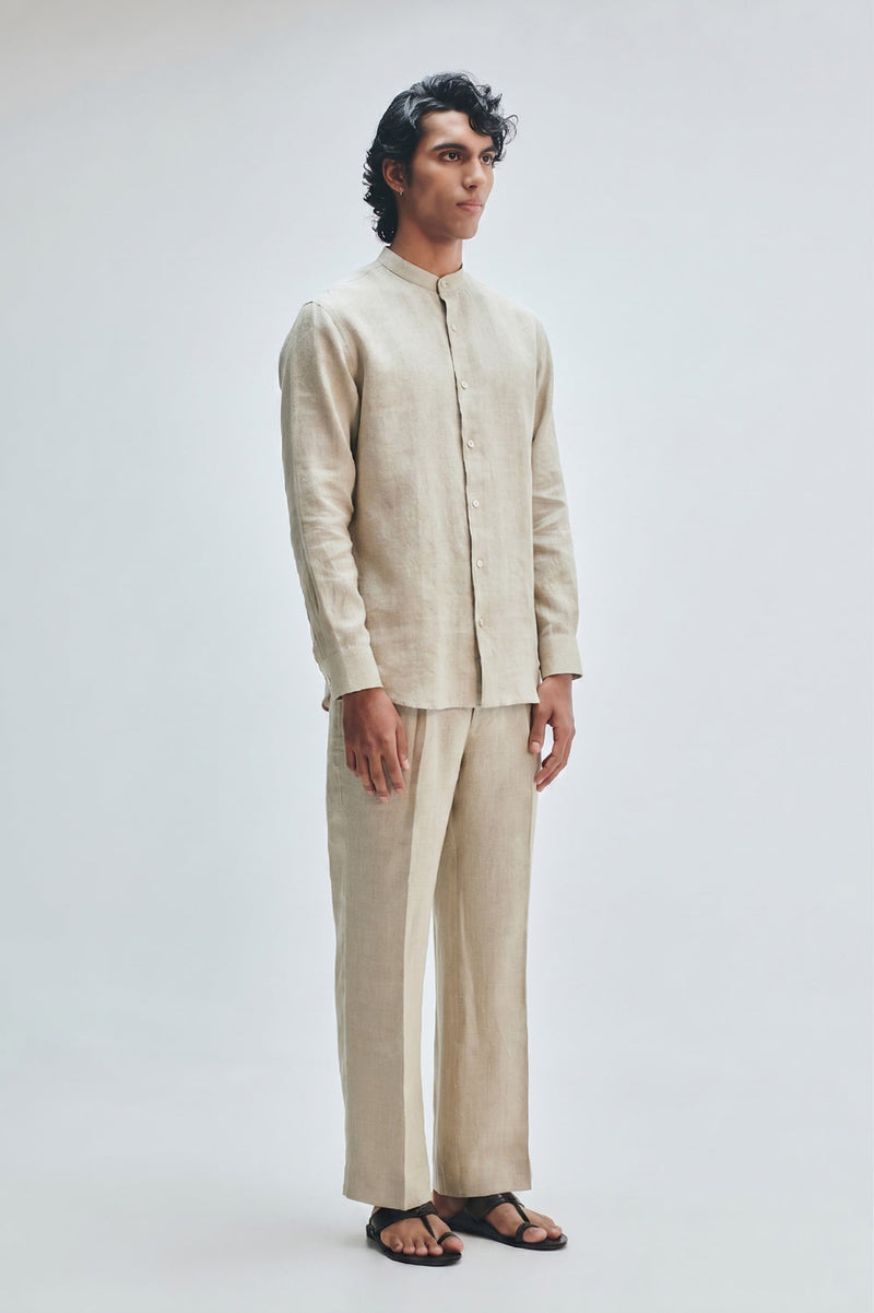 Undyed Linen Men’s Straight Pleated Pants linen pant/trouser by Saphed Men in off-white for men in Singapore