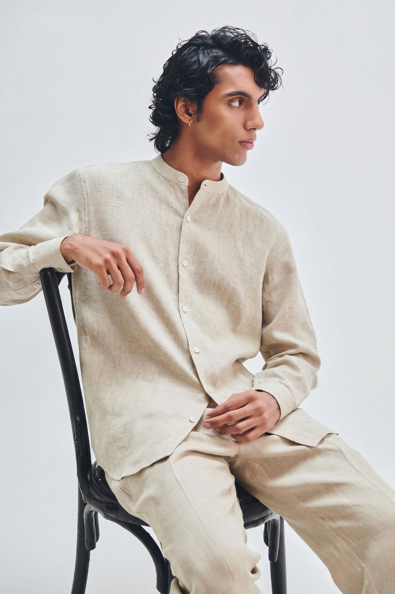 Undyed Linen Men’s Straight Pleated Pants linen pant/trouser by Saphed Men in off-white for men in Singapore