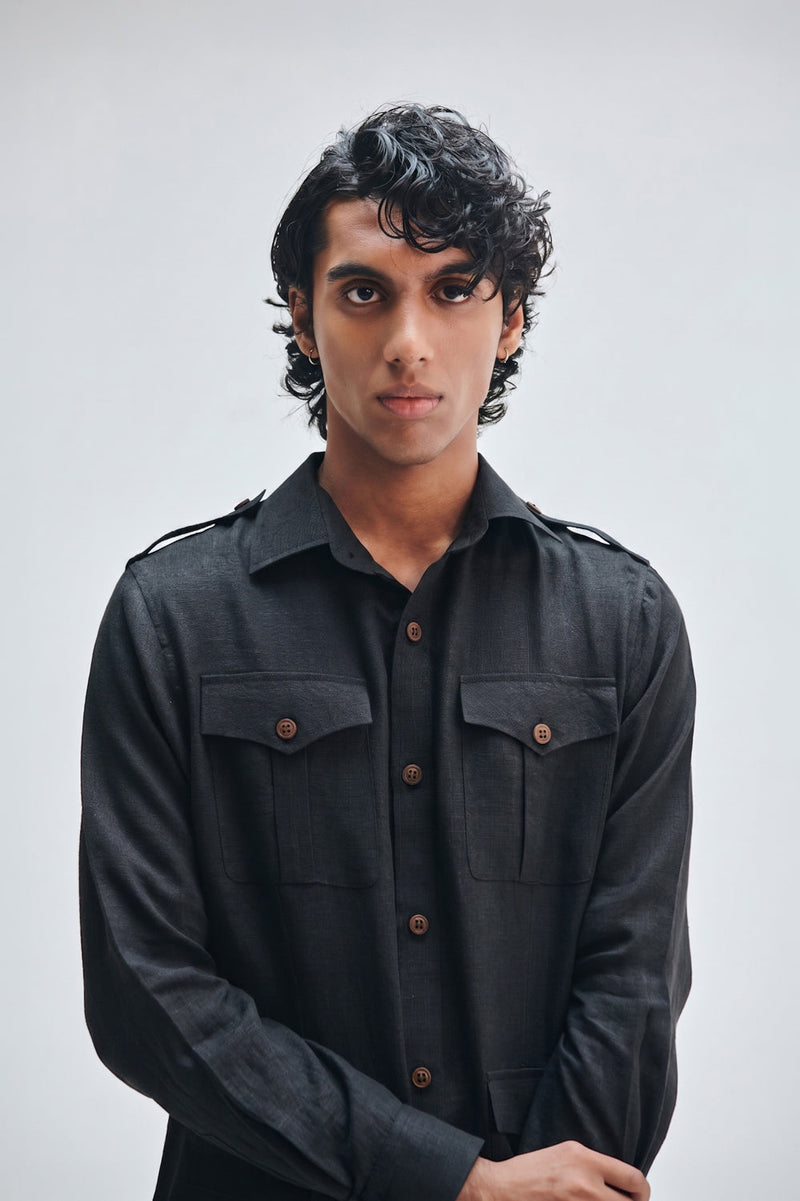 Kohl Co-Linen Men’s Safari Overshirt Set cotton linen co-ord set by Saphed Men in black for men in Singapore