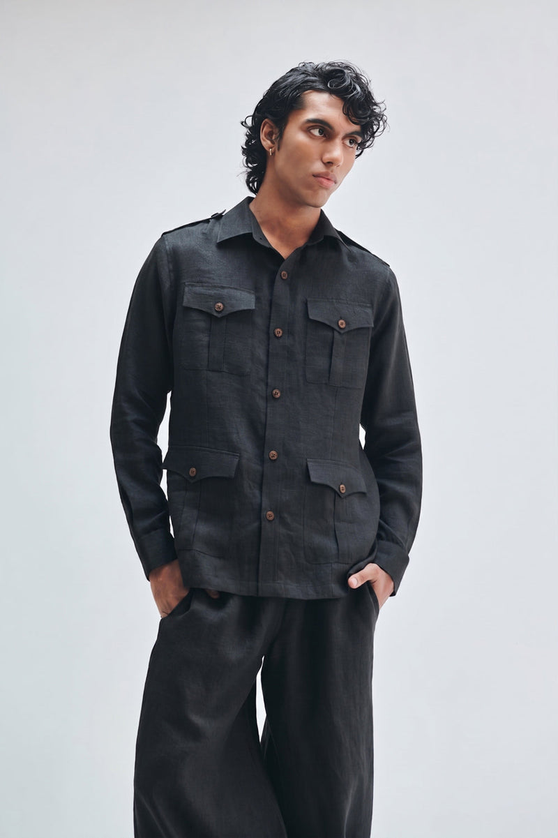 Kohl Co-Linen Men’s Safari Overshirt cotton linen overshirts by Saphed Men in black for men in Singapore