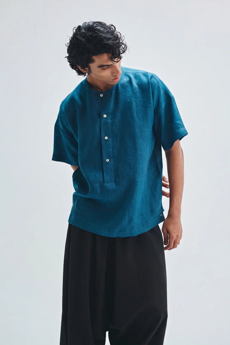 Indigo Linen Men’s Half Sleeves Panelled Shirt Kurta linen shirt by Saphed Men in blue for men in Singapore