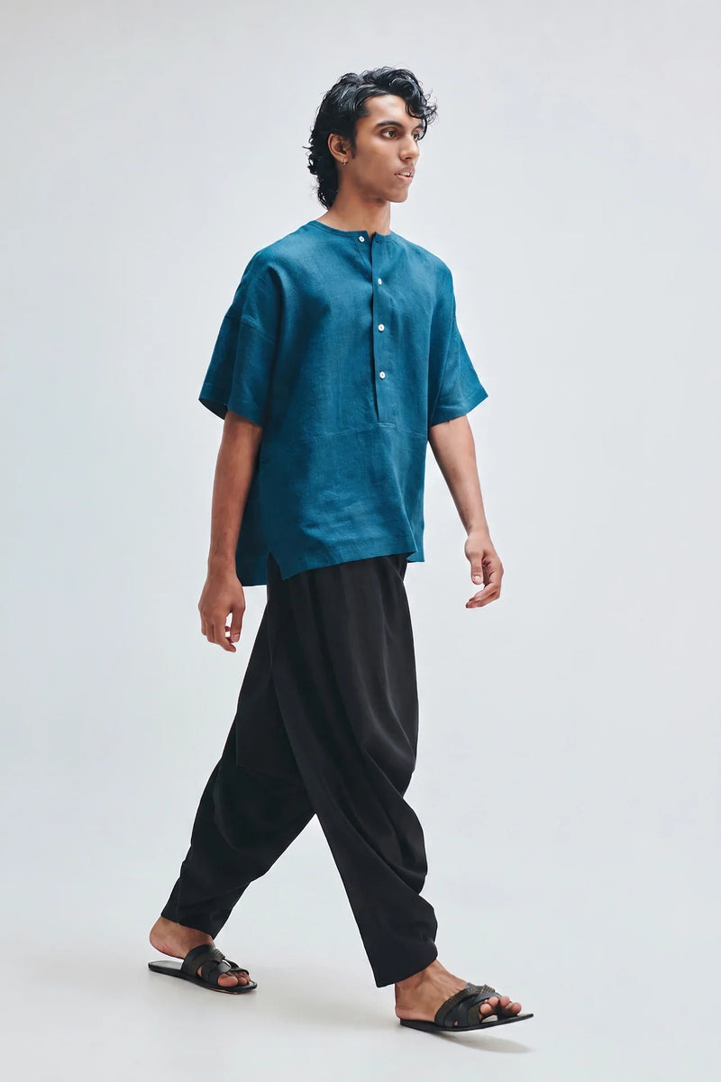 Indigo Linen Men’s Half Sleeves Panelled Shirt Kurta linen shirt by Saphed Men in blue for men in Singapore