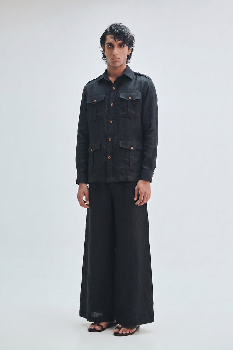 Kohl Co-Linen Men’s Safari Overshirt Set cotton linen co-ord set by Saphed Men in black for men in Singapore