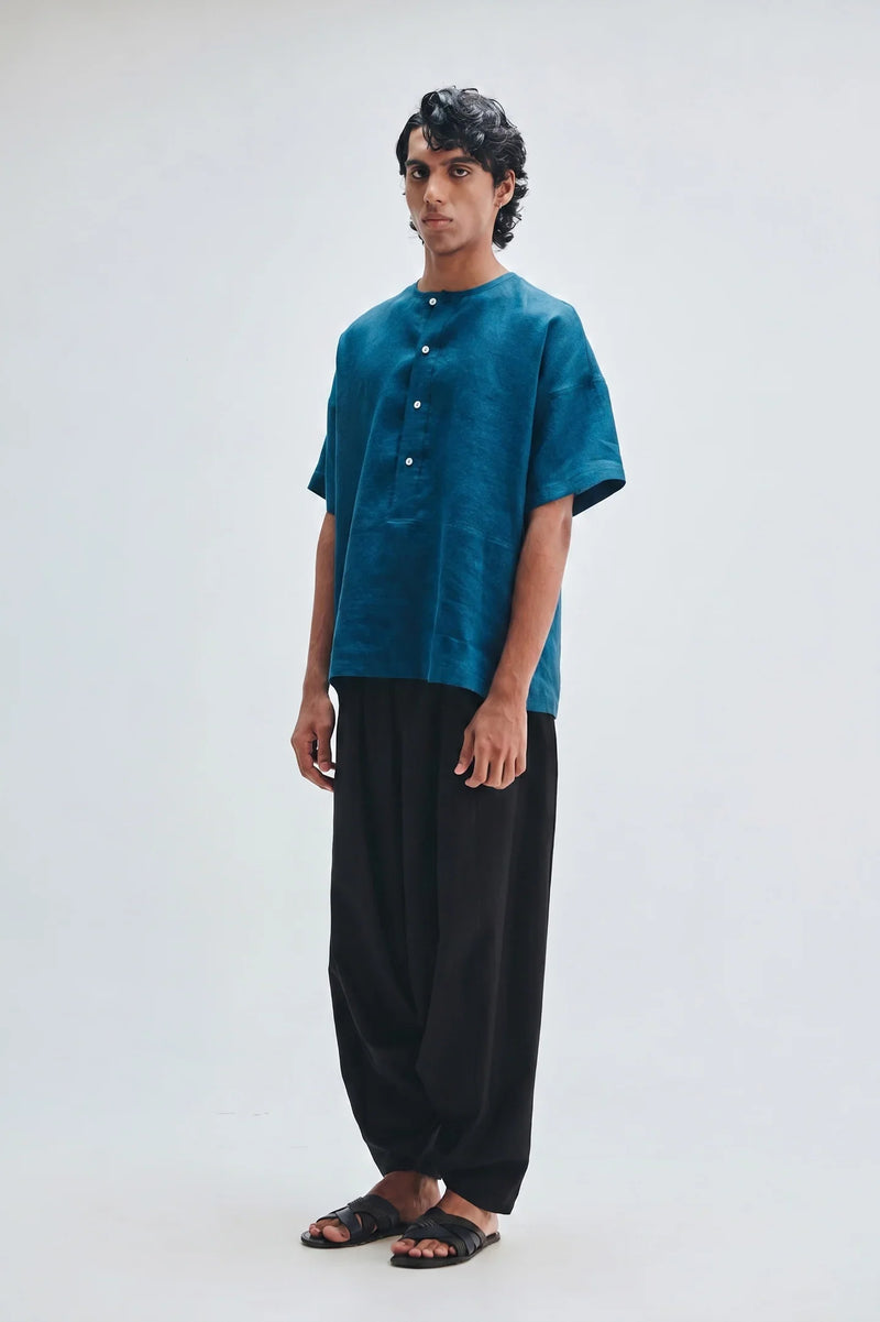 Indigo Linen Men’s Half Sleeves Panelled Shirt Kurta linen shirt by Saphed Men in blue for men in Singapore