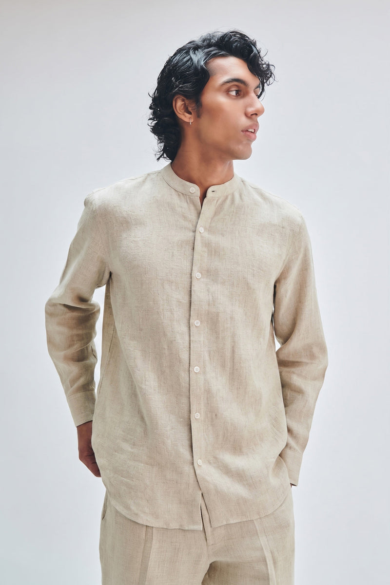 Undyed Linen Men’s Straight Pleated Pants linen pant/trouser by Saphed Men in off-white for men in Singapore