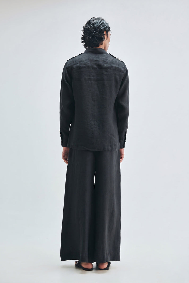Kohl Co-Linen Men’s Safari Overshirt Set cotton linen co-ord set by Saphed Men in black for men in Singapore