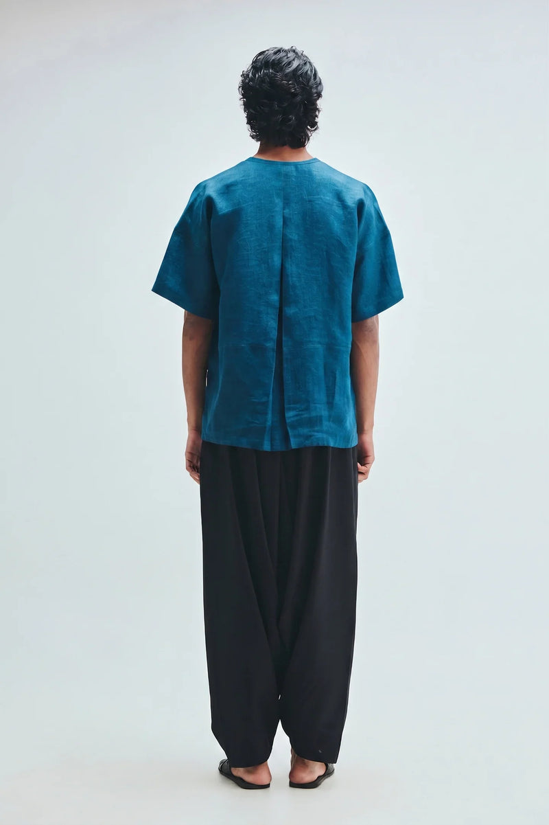 Indigo Linen Men’s Half Sleeves Panelled Shirt Kurta linen shirt by Saphed Men in blue for men in Singapore