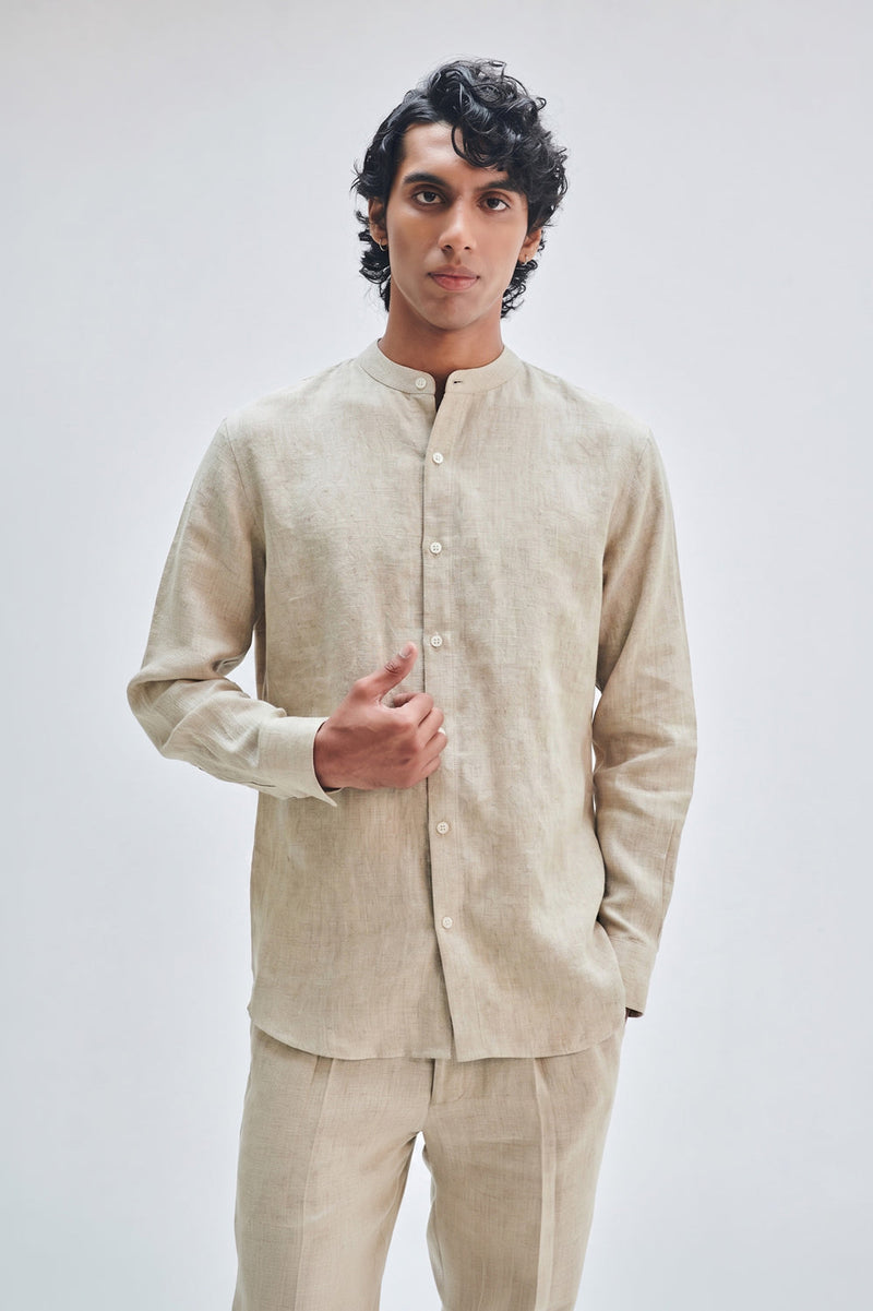 Undyed Linen Men’s Band Collar Shirt linen shirt by Saphed Men in off-white for men in Singapore