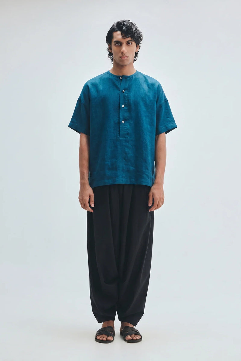 Indigo Linen Men’s Half Sleeves Panelled Shirt Kurta linen shirt by Saphed Men in blue for men in Singapore
