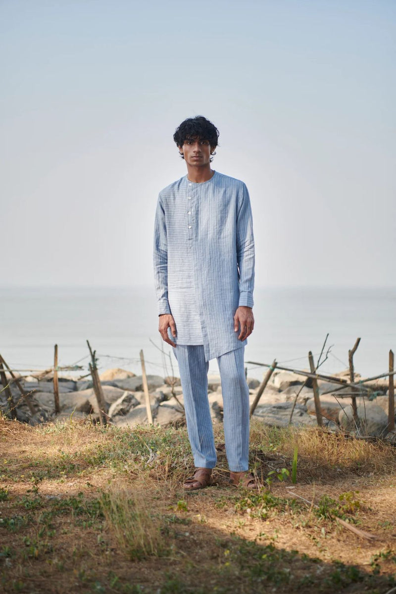 Sky Pinstripe Linen Side Open Kurta Set
