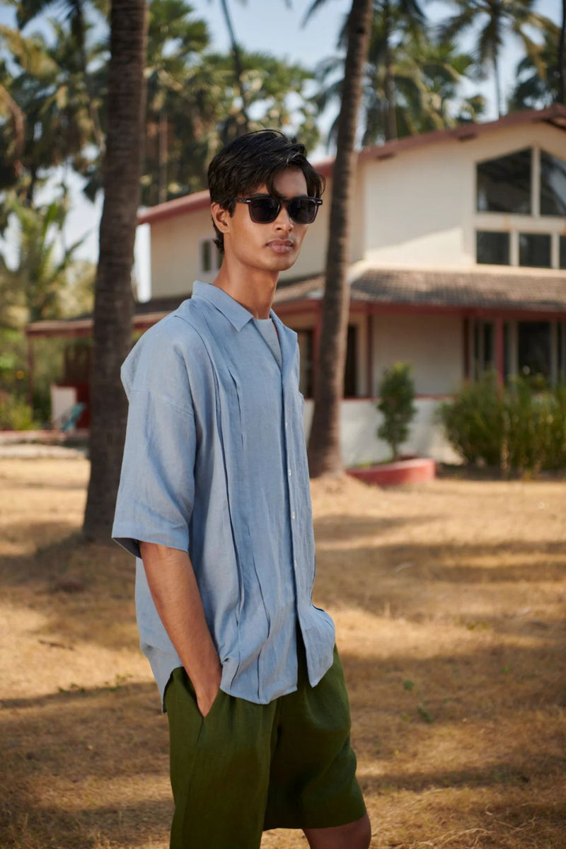 Sky Linen Men's Pleated Camp Collar Shirt