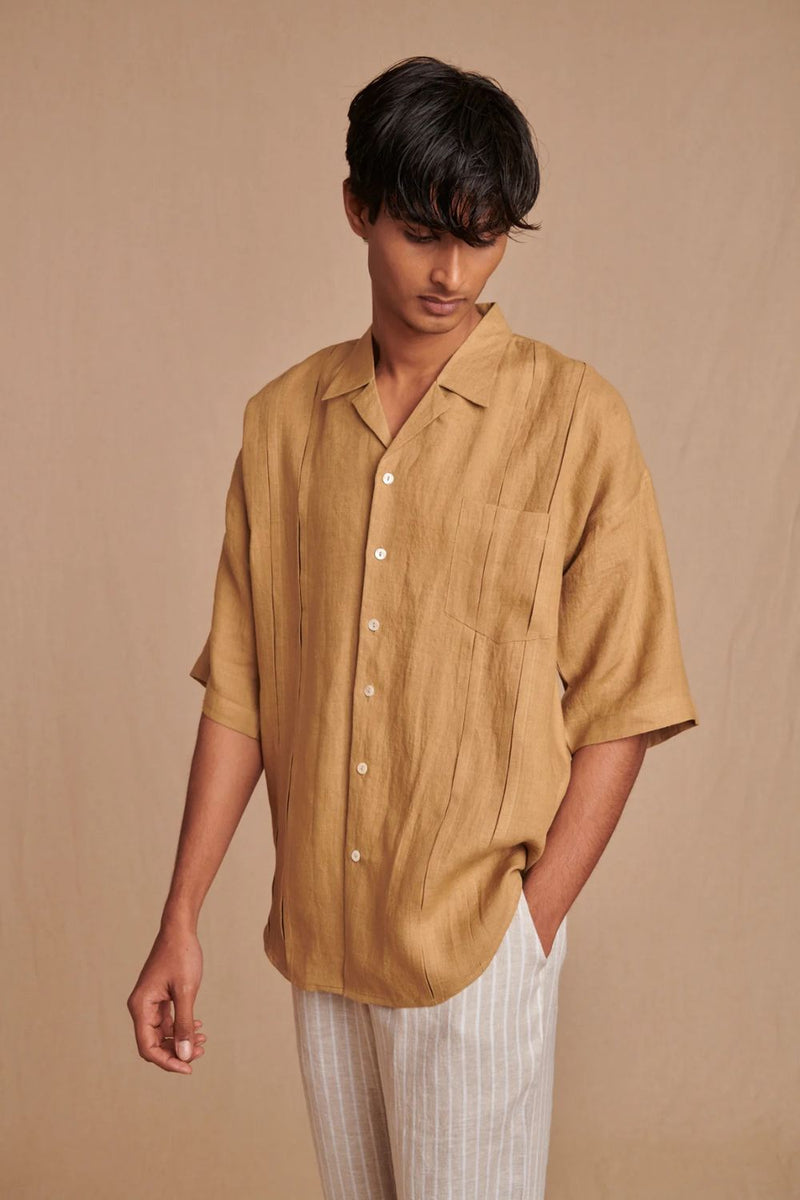 Husk Linen Men's Pleated Camp Collar Shirt