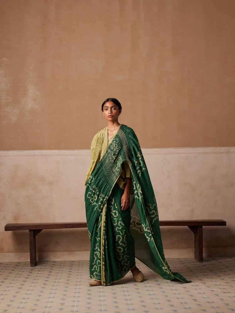 Smocked Saree-Emerald Spiral cotton by CORD for women in Singapore