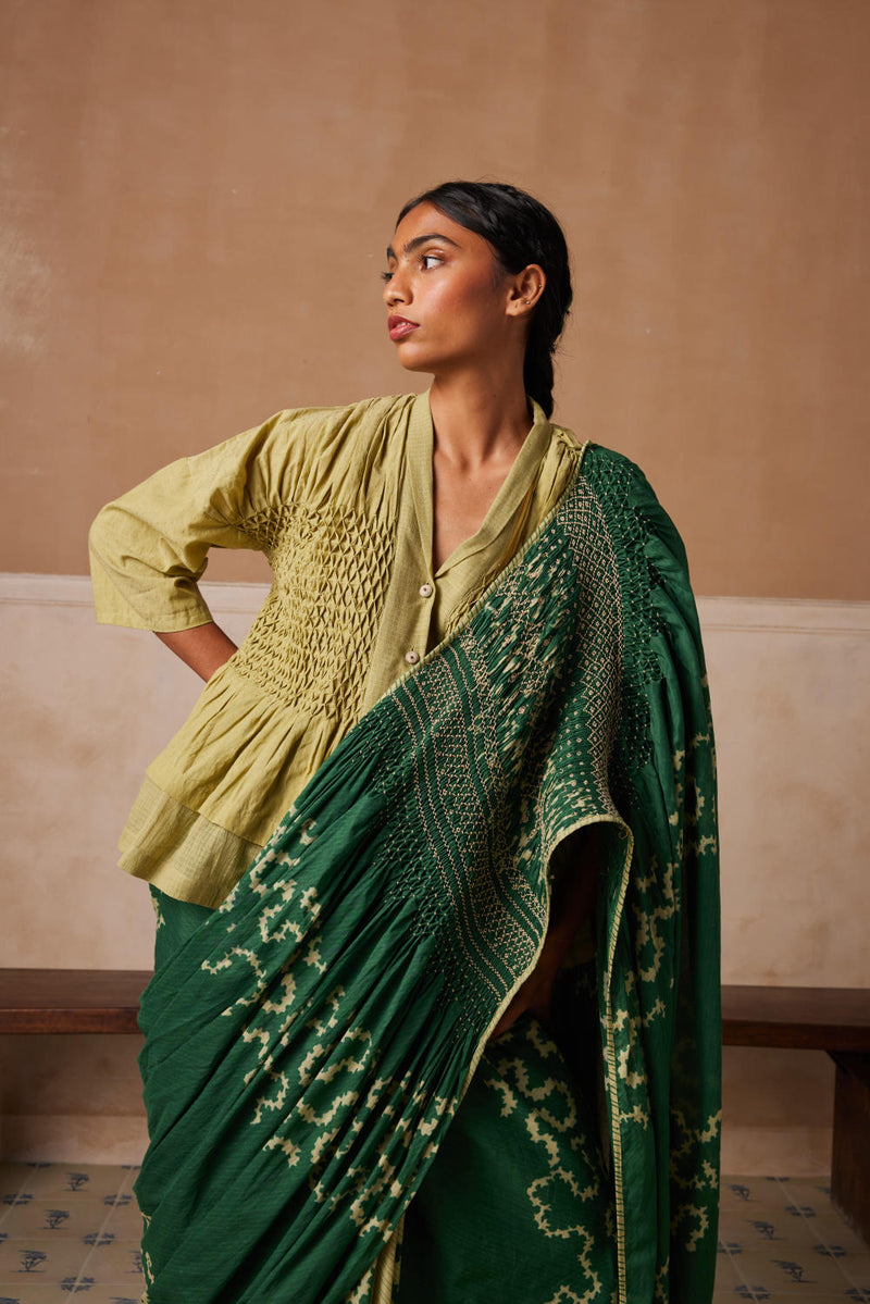 Smocked saree+top-Emerald Spiral cotton by CORD for women in Singapore