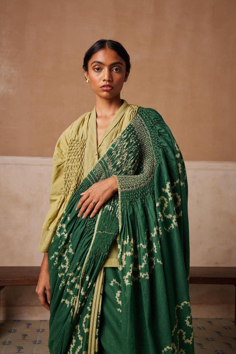 Smocked saree+top-Emerald Spiral cotton by CORD for women in Singapore