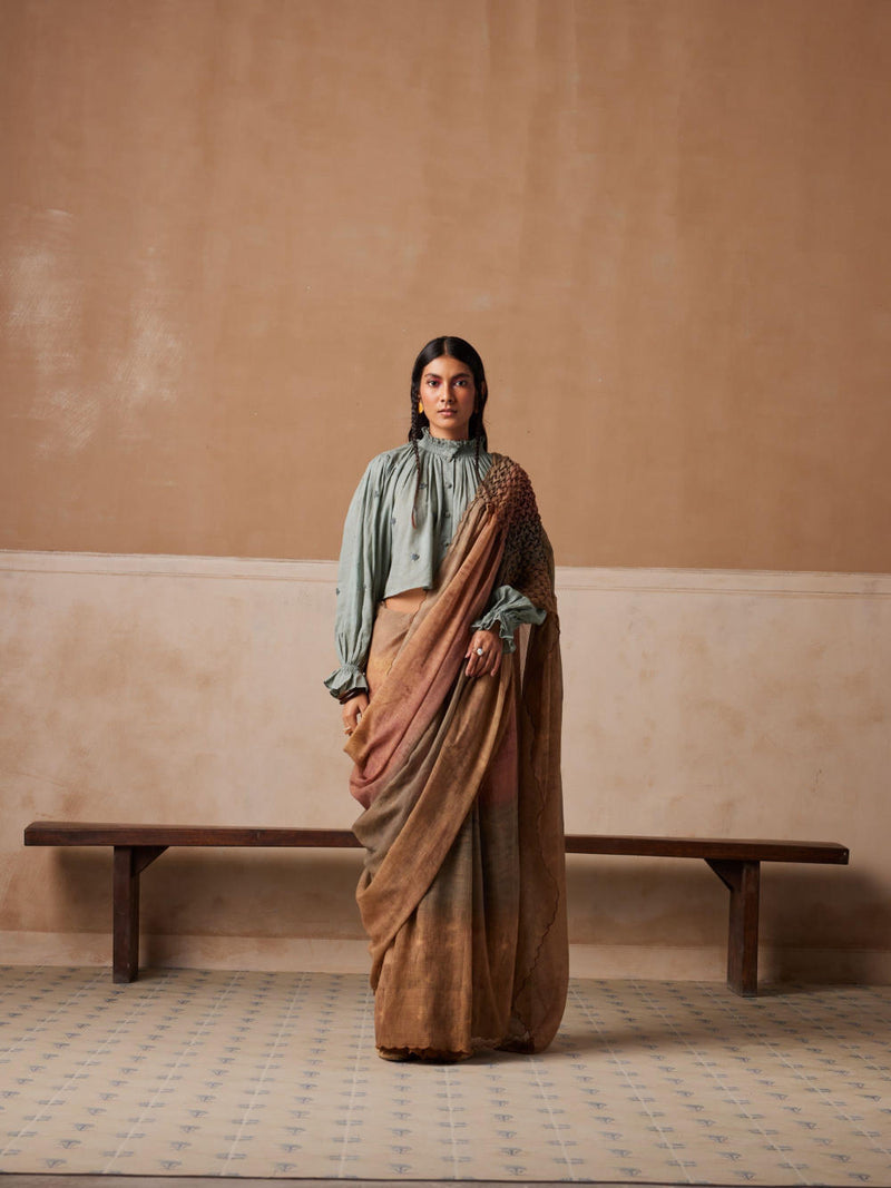 Smocked Saree-Tan cotton by CORD for women in Singapore