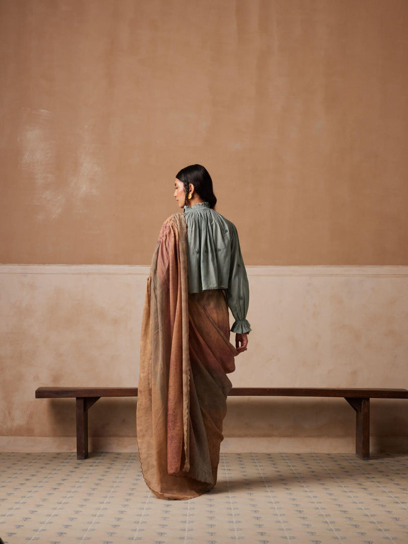 Smocked Saree-Tan cotton by CORD for women in Singapore