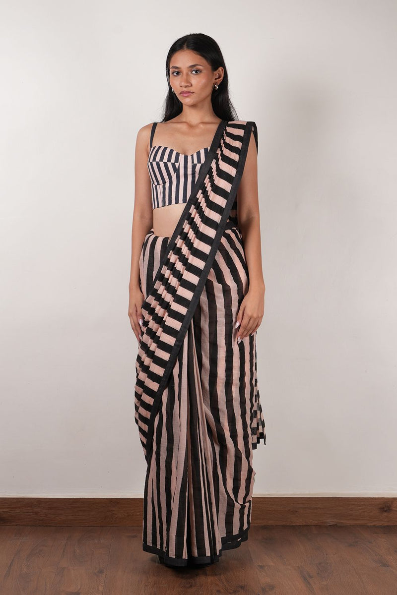 Pink with Charcoal Block Printed Saree cotton by Mati in pink color for women in Singapore