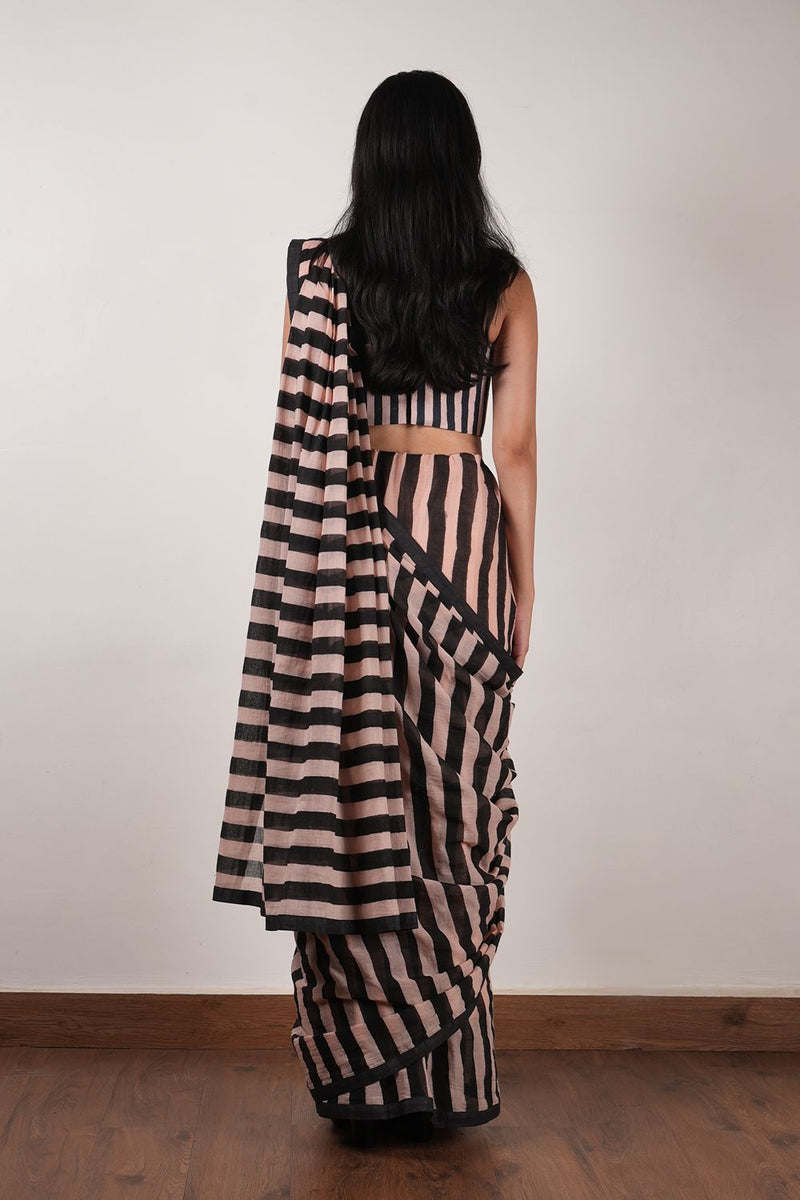 Pink with Charcoal Block Printed Saree cotton by Mati in pink color for women in Singapore
