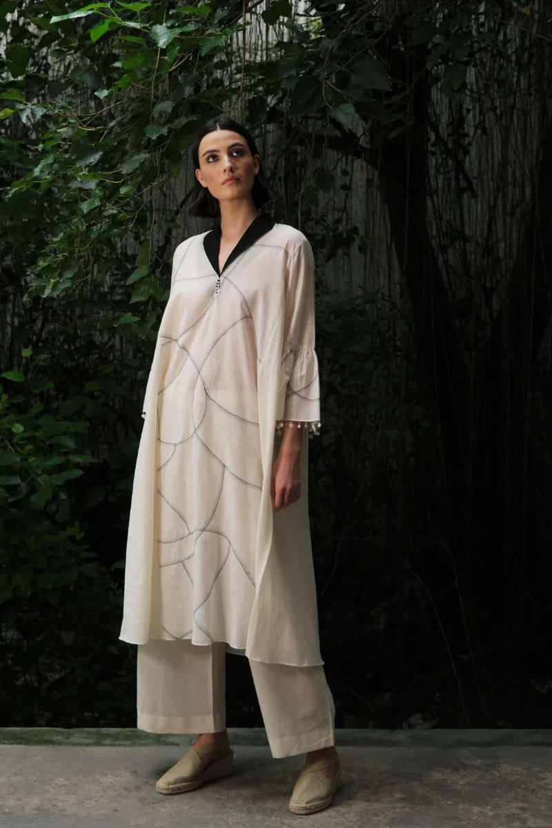 ‘Saryu’ Ivory cotton muslin tunic mualin kurta/kurta set by Malika Mathur in ivory for women in Singapore