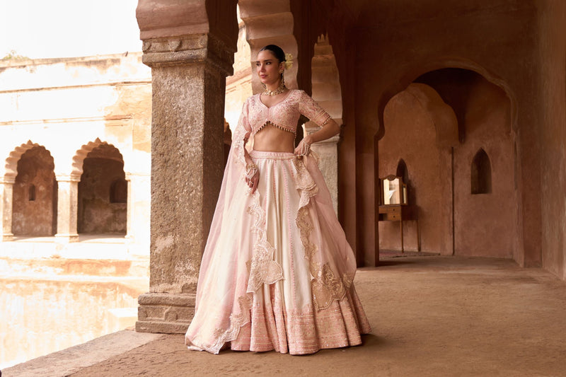 SAYEEDA - DAISY IVORY WITH PINK EMBROIDERED LEHENGA silk organza lehenga sets by SHEETAL BATRA in daisy ivory with pink for women in Singapore