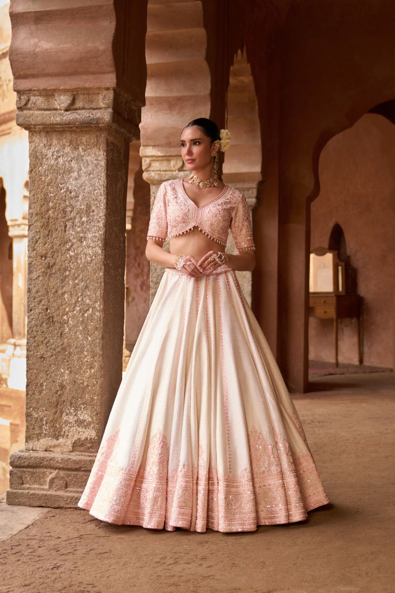 SAYEEDA - DAISY IVORY WITH PINK EMBROIDERED LEHENGA silk organza lehenga sets by SHEETAL BATRA in daisy ivory with pink for women in Singapore