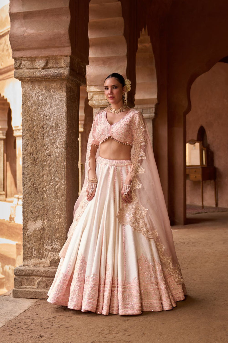 SAYEEDA - DAISY IVORY WITH PINK EMBROIDERED LEHENGA silk organza lehenga sets by SHEETAL BATRA in daisy ivory with pink for women in Singapore