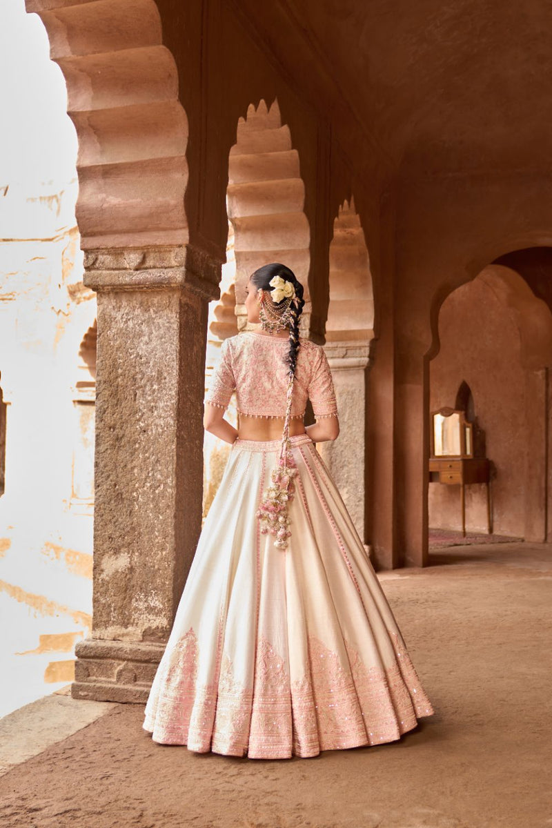 SAYEEDA - DAISY IVORY WITH PINK EMBROIDERED LEHENGA silk organza lehenga sets by SHEETAL BATRA in daisy ivory with pink for women in Singapore
