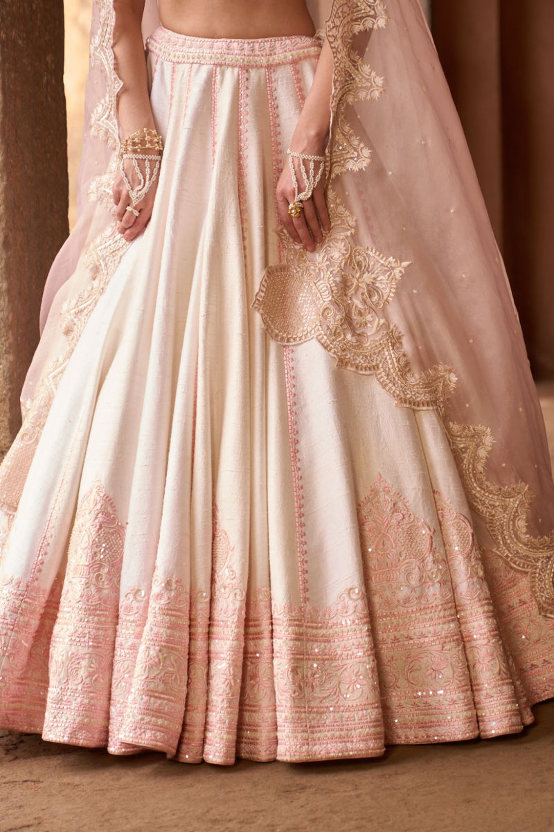 SAYEEDA - DAISY IVORY WITH PINK EMBROIDERED LEHENGA silk organza lehenga sets by SHEETAL BATRA in daisy ivory with pink for women in Singapore