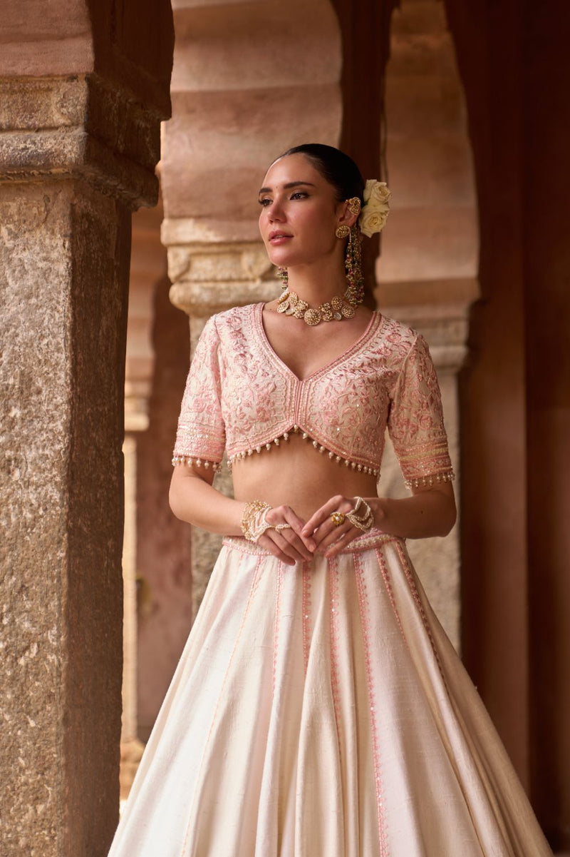 SAYEEDA - DAISY IVORY WITH PINK EMBROIDERED LEHENGA silk organza lehenga sets by SHEETAL BATRA in daisy ivory with pink for women in Singapore