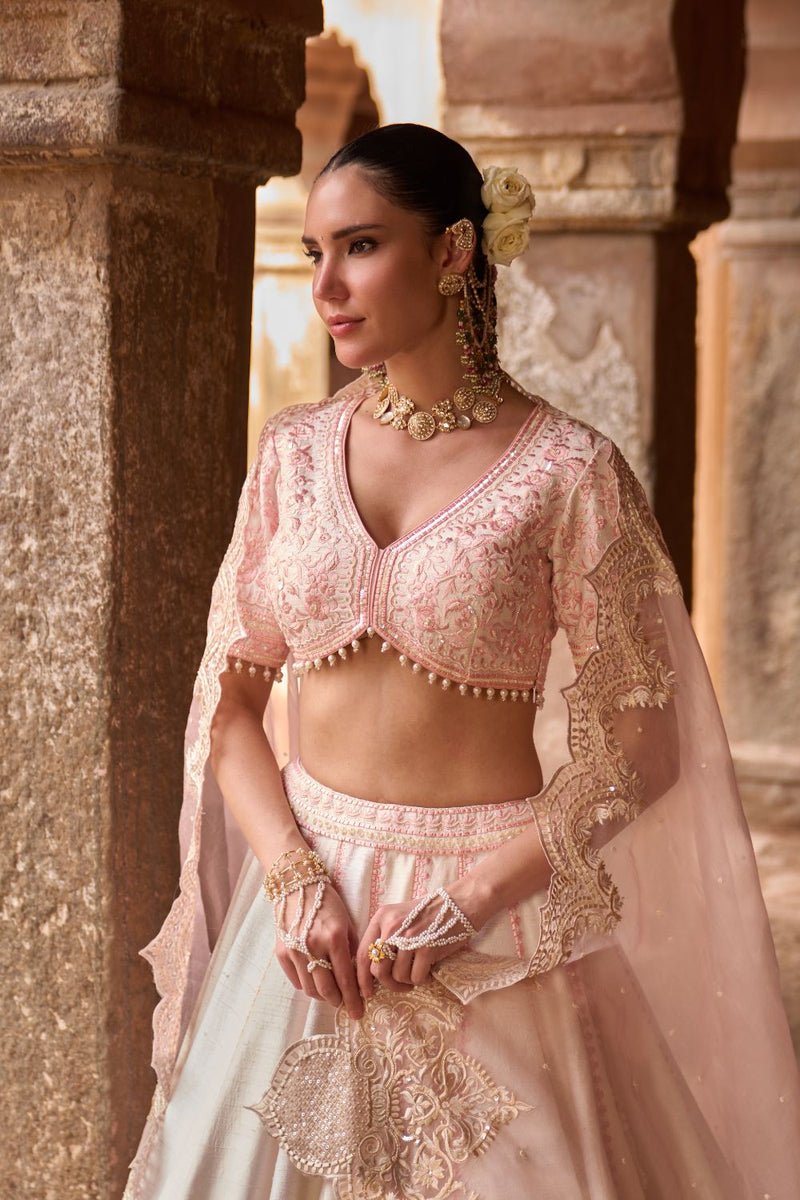 SAYEEDA - DAISY IVORY WITH PINK EMBROIDERED LEHENGA silk organza lehenga sets by SHEETAL BATRA in daisy ivory with pink for women in Singapore