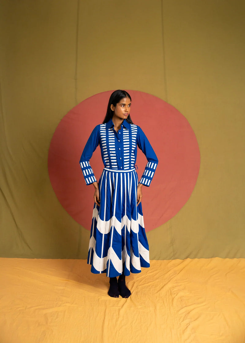 Scala Simp Skirt-Blue and White cotton skirt by Ka-Sha in blue for women in Singapore