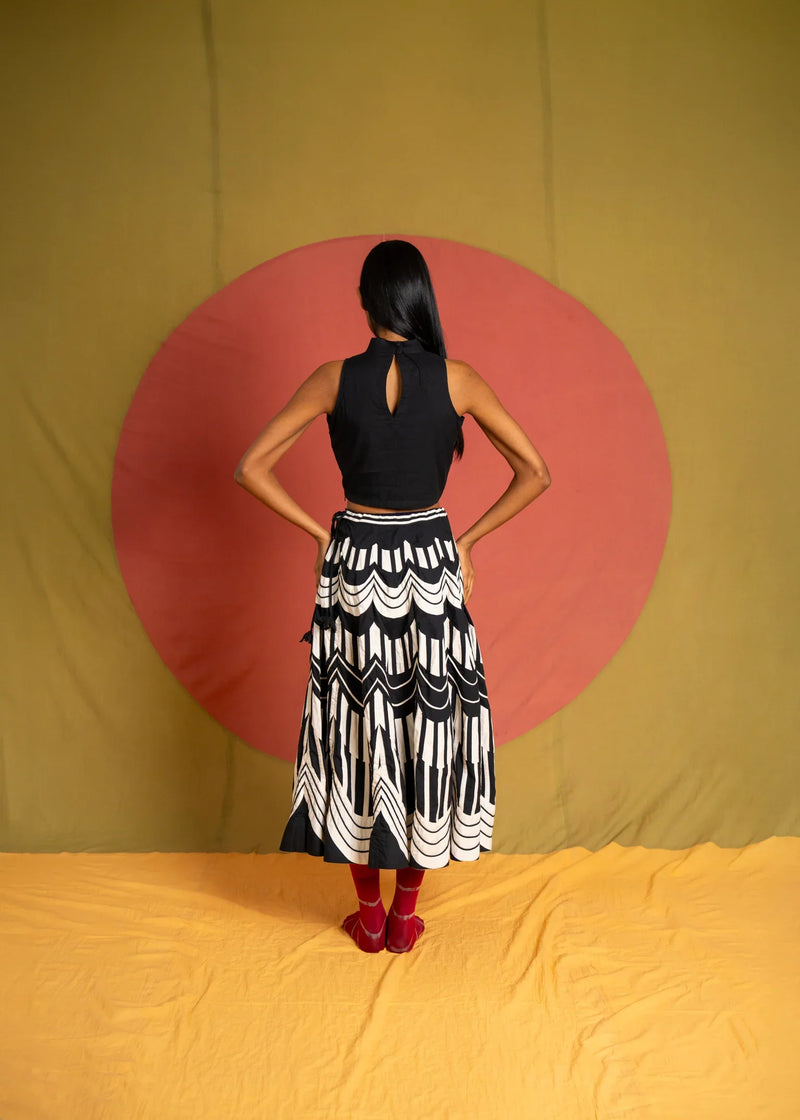 Scala Skirt-Black and White cotton skirt by Ka-Sha in black for women in Singapore