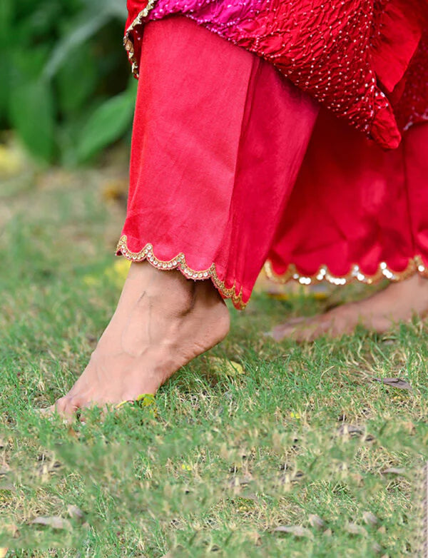 SCALLOP EMBROIDERED PANTS-RED silk by Dyelogue in red color for women in Singapore