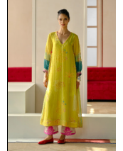 RRFP26-11 RR125412 NAD PRINT CHANDERI KURTA SET (YELLOW/ GREY)-Size XS