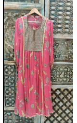 RRFP26-22 RR125872 CHECK YOKE PRINTED KURTA SET (HOT PINK)-Size XL