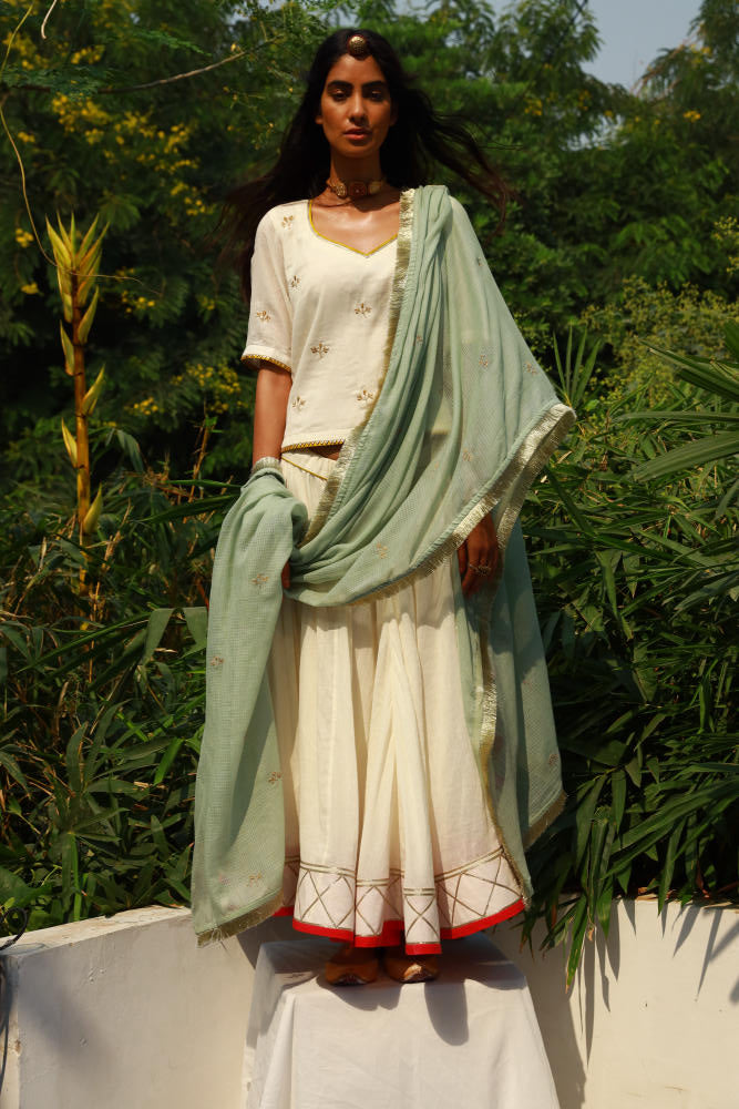Seher ghagra set cotton Lehenga Sets by Khara Kapas in ivory for women in Singapore