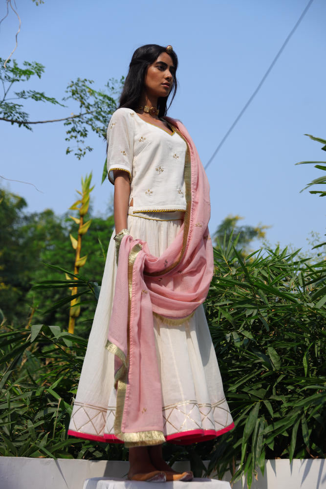 Seher ghagra set cotton Lehenga Sets by Khara Kapas in ivory for women in Singapore