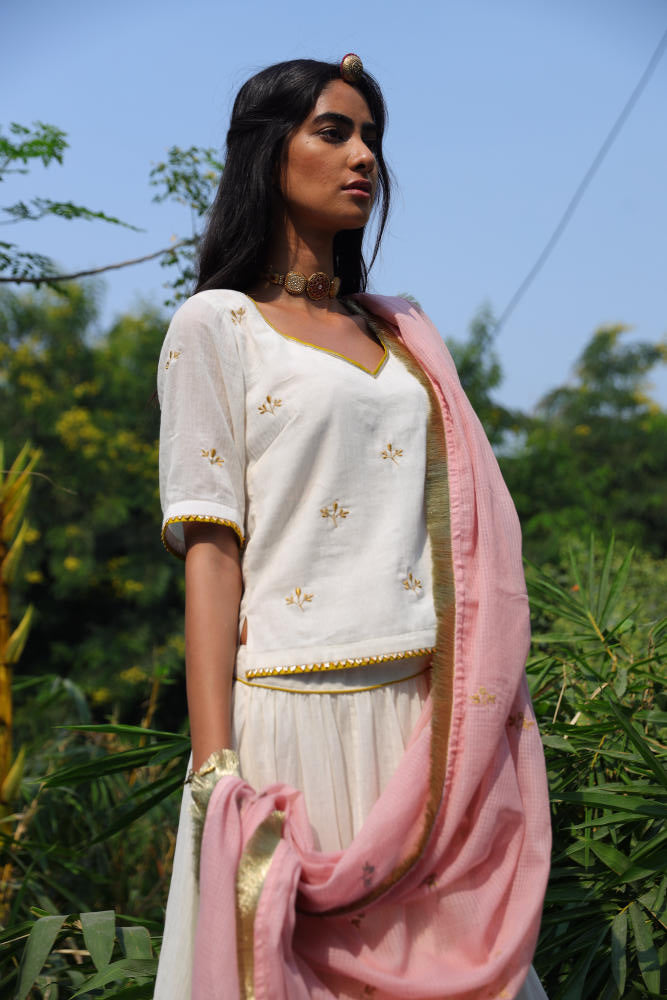 Seher ghagra set cotton Lehenga Sets by Khara Kapas in ivory for women in Singapore