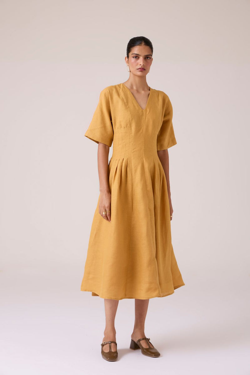 Selene Mustard Linen Dress linen by The Summer House in mustard color for women in Singapore