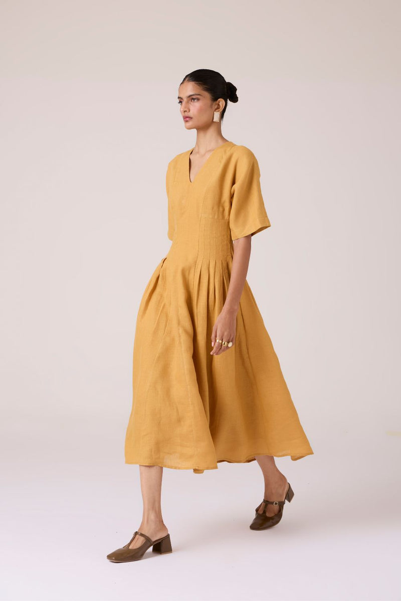 Selene Mustard Linen Dress linen by The Summer House in mustard color for women in Singapore