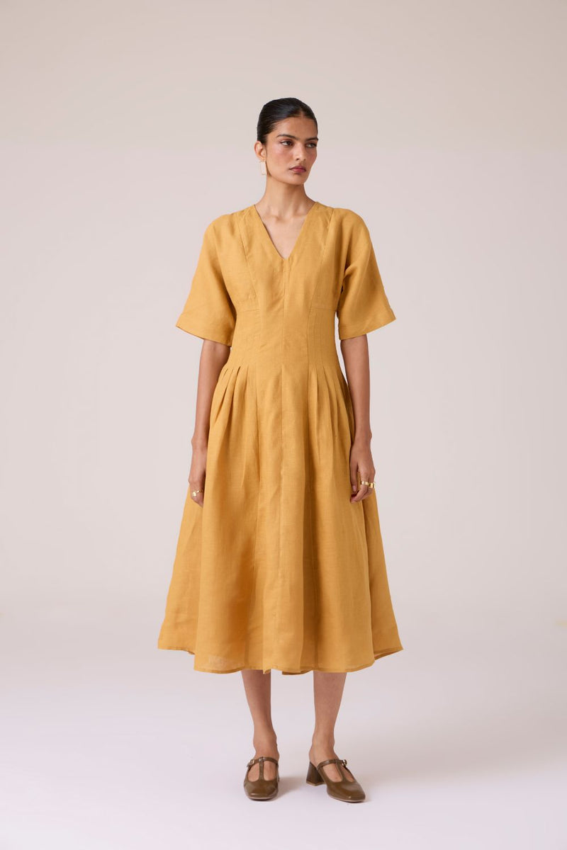 Selene Mustard Linen Dress linen by The Summer House in mustard color for women in Singapore