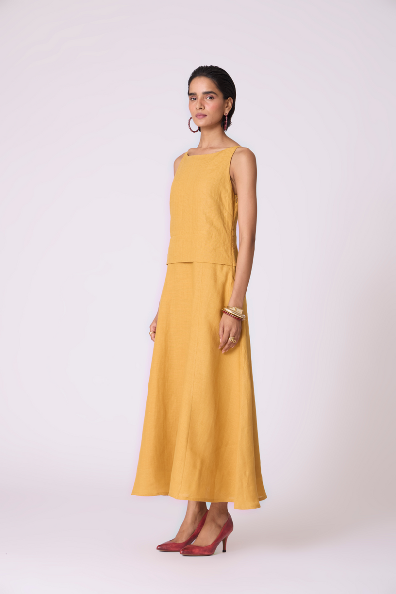 Senaka Yellow Linen Panelled Dress all linen by The Summer House in yellow color for women in Singapore