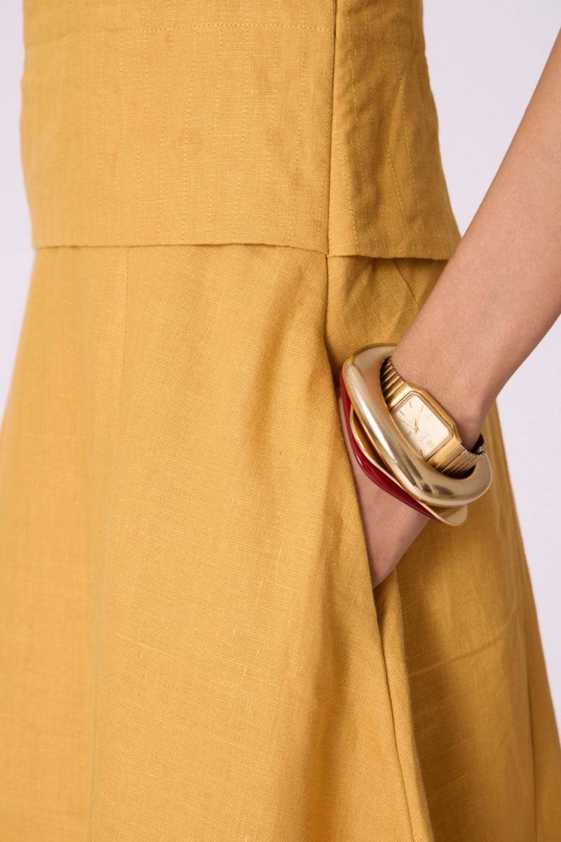 Senaka Yellow Linen Panelled Dress all linen by The Summer House in yellow color for women in Singapore