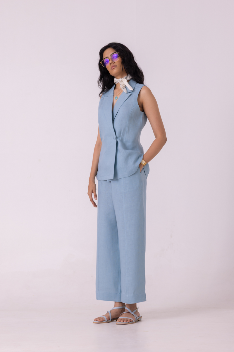 Serena Blue Linen Vest all linen by The Summer House for women in Singapore