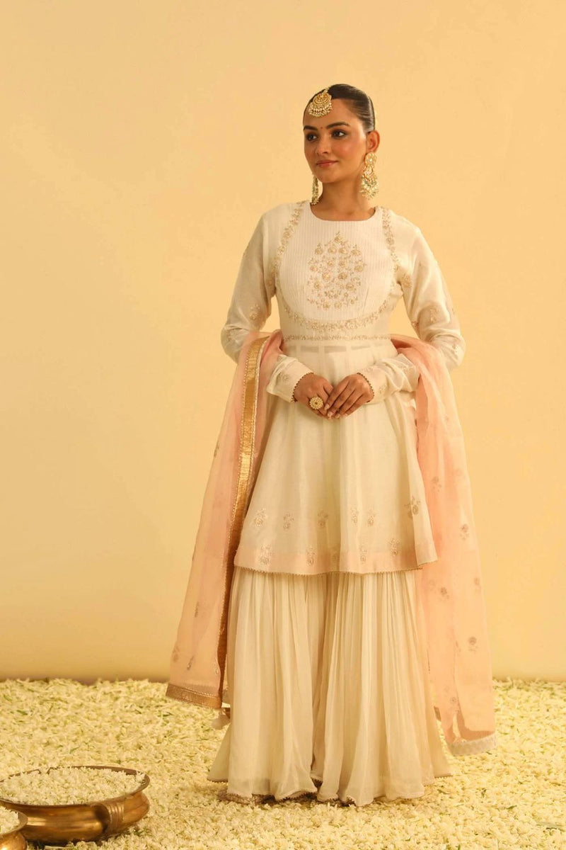 Shahana Peplum kurta with garara and dupatta-Daisy ivory silk by SHEETAL BATRA in ivory color for women in Singapore