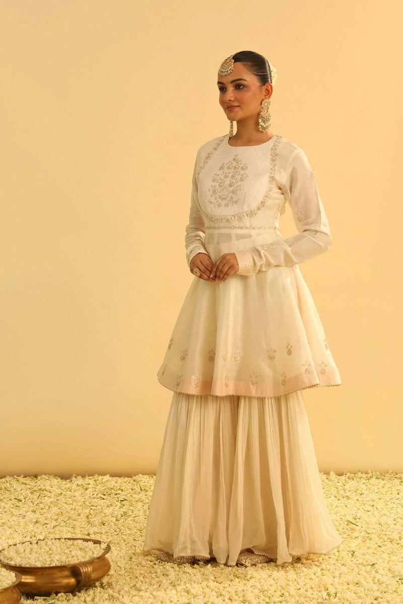 Shahana Peplum kurta with garara and dupatta-Daisy ivory silk by SHEETAL BATRA in ivory color for women in Singapore
