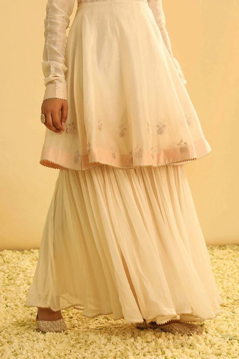 Shahana Peplum kurta with garara and dupatta-Daisy ivory silk by SHEETAL BATRA in ivory color for women in Singapore